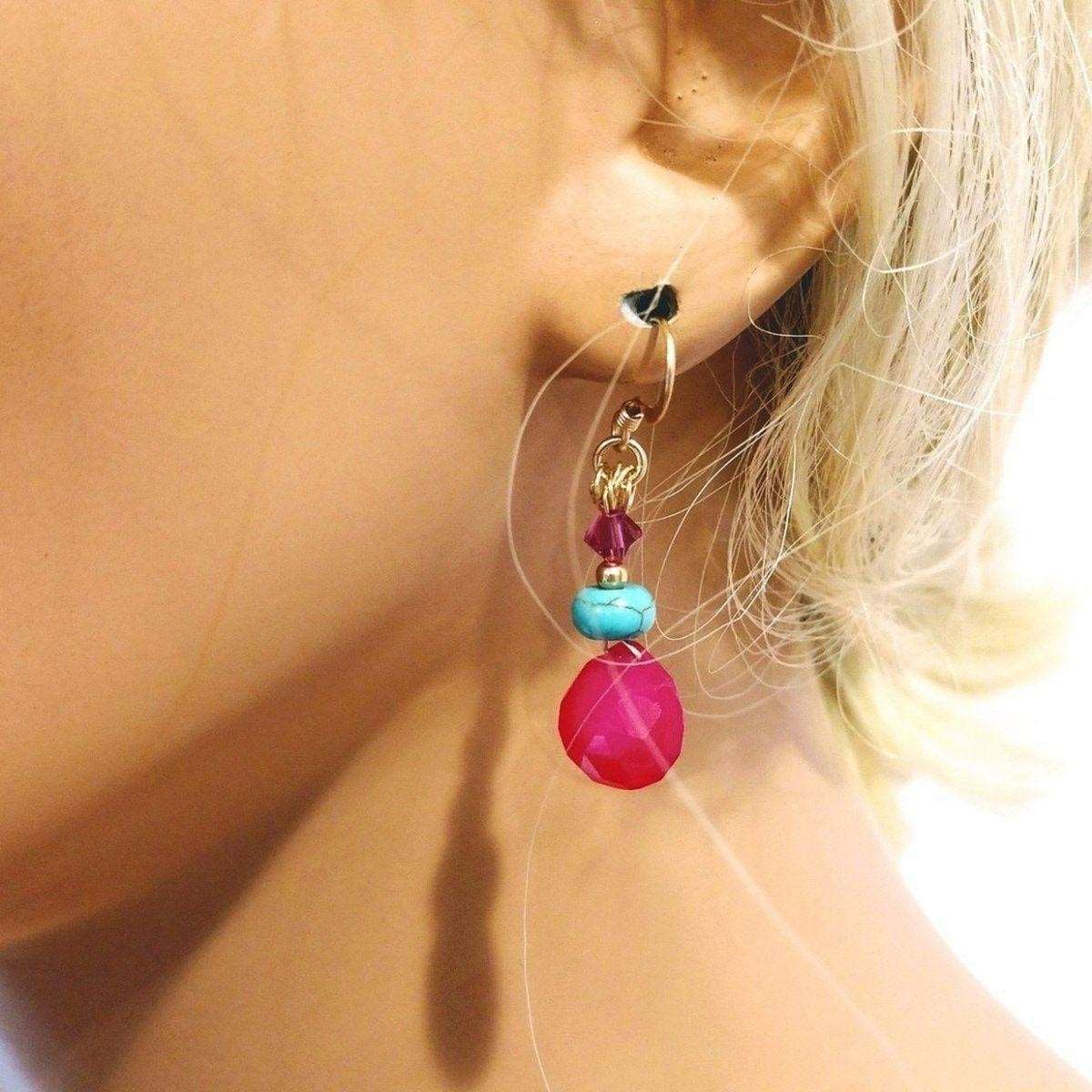 14 KT Gold Filled Wire Wrapped Pink And Turquoise Drop Gemstone