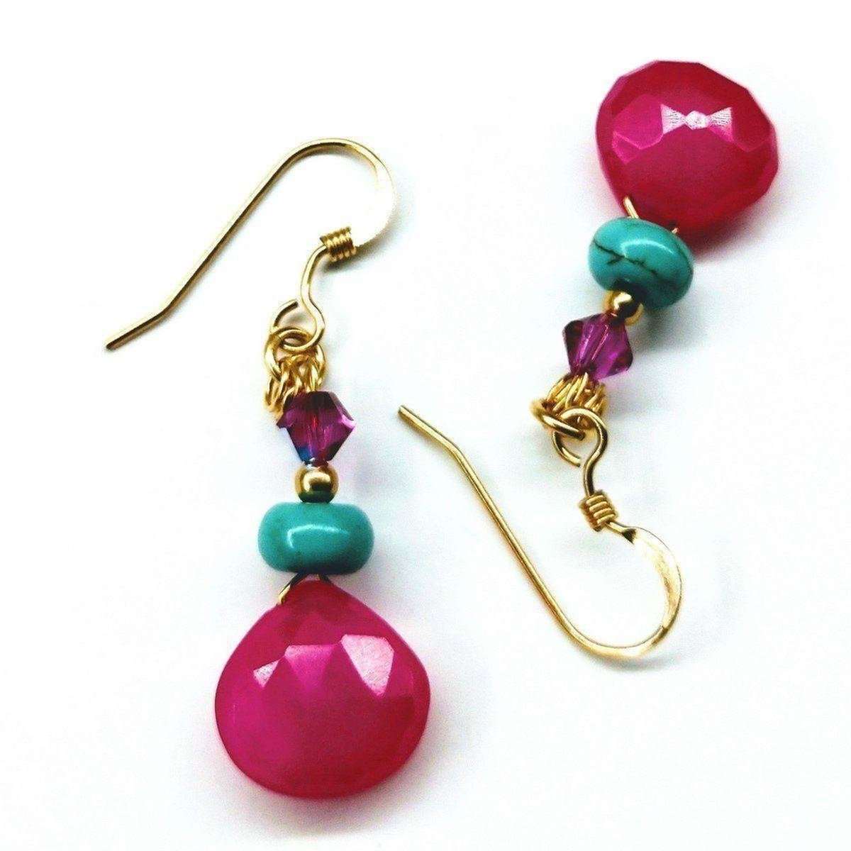 14 KT Gold Filled Wire Wrapped Pink And Turquoise Drop Gemstone