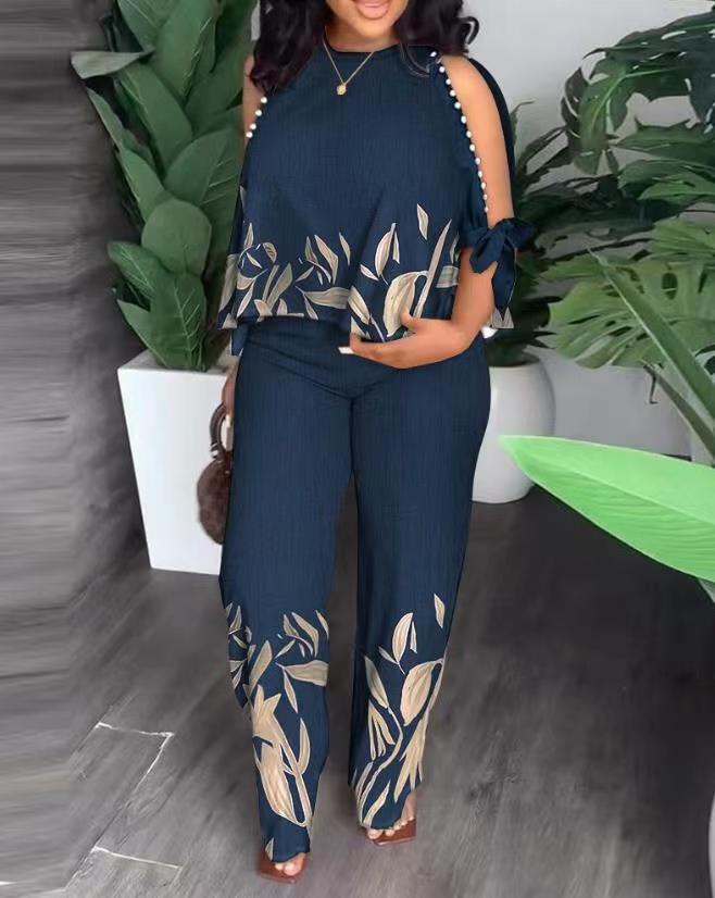 Chic Beaded Two-Piece Set – Casual Printed Streetwear Outfit