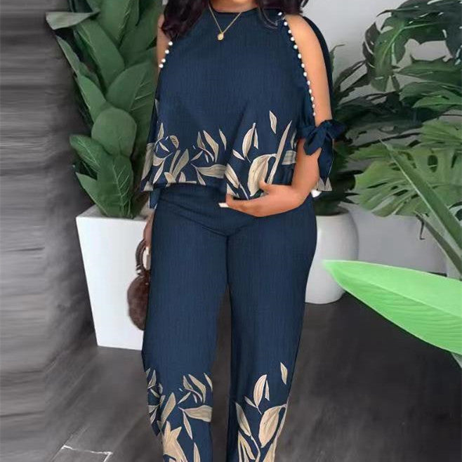 Chic Beaded Two-Piece Set – Casual Printed Streetwear Outfit