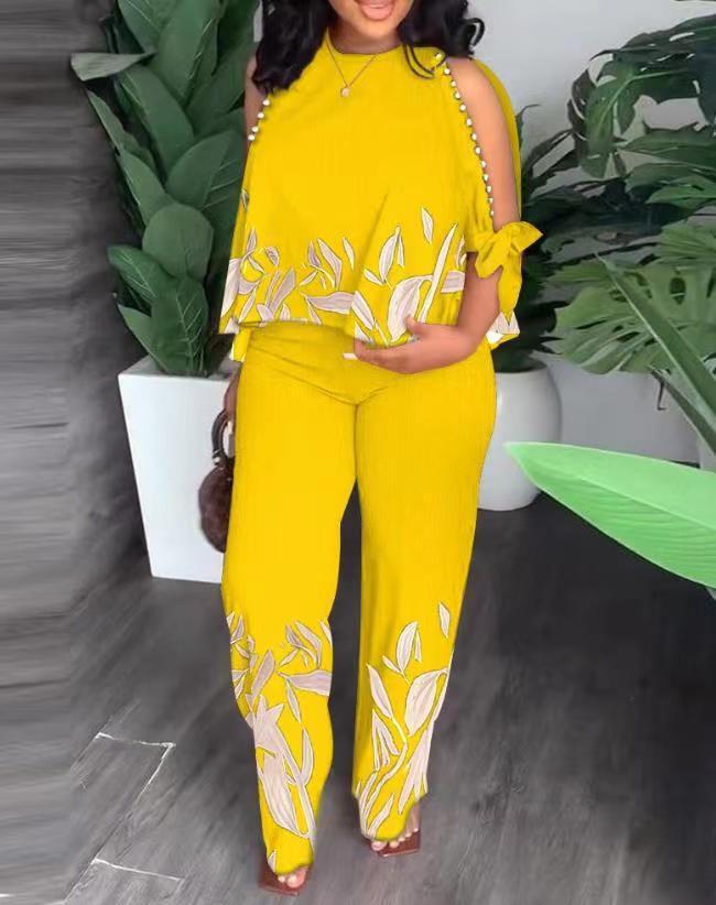 Chic Beaded Two-Piece Set – Casual Printed Streetwear Outfit