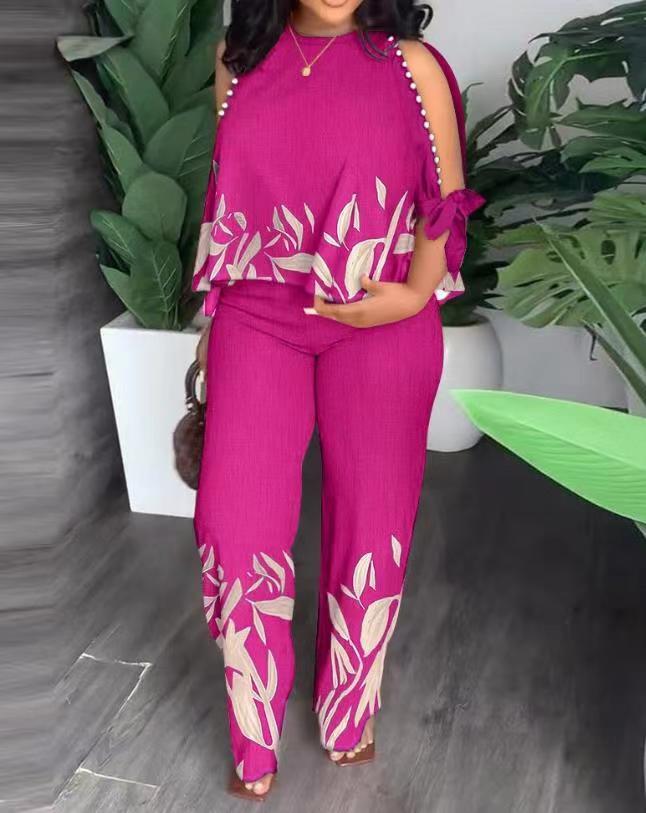 Chic Beaded Two-Piece Set – Casual Printed Streetwear Outfit