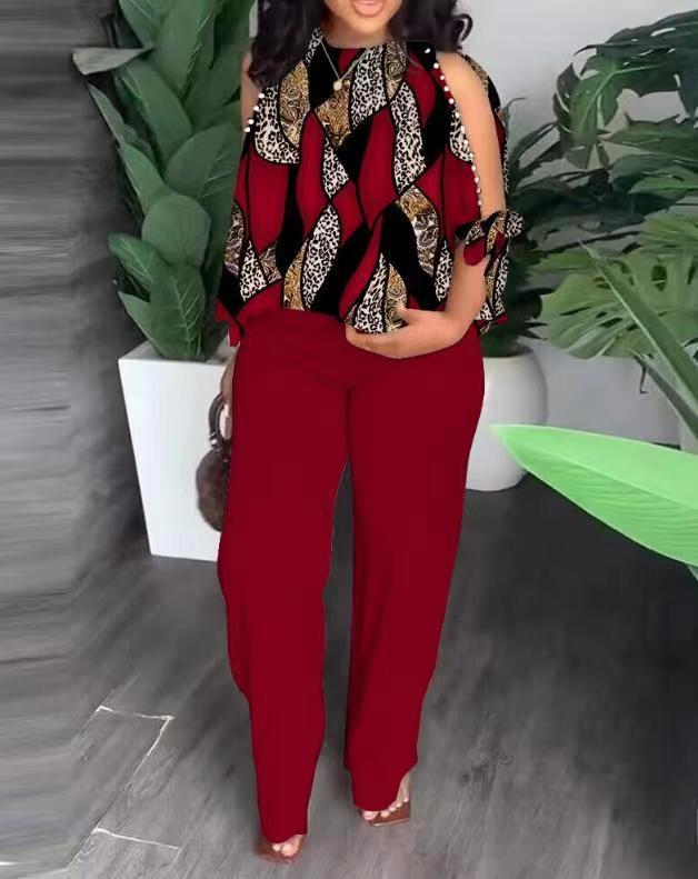 Chic Beaded Two-Piece Set – Casual Printed Streetwear Outfit
