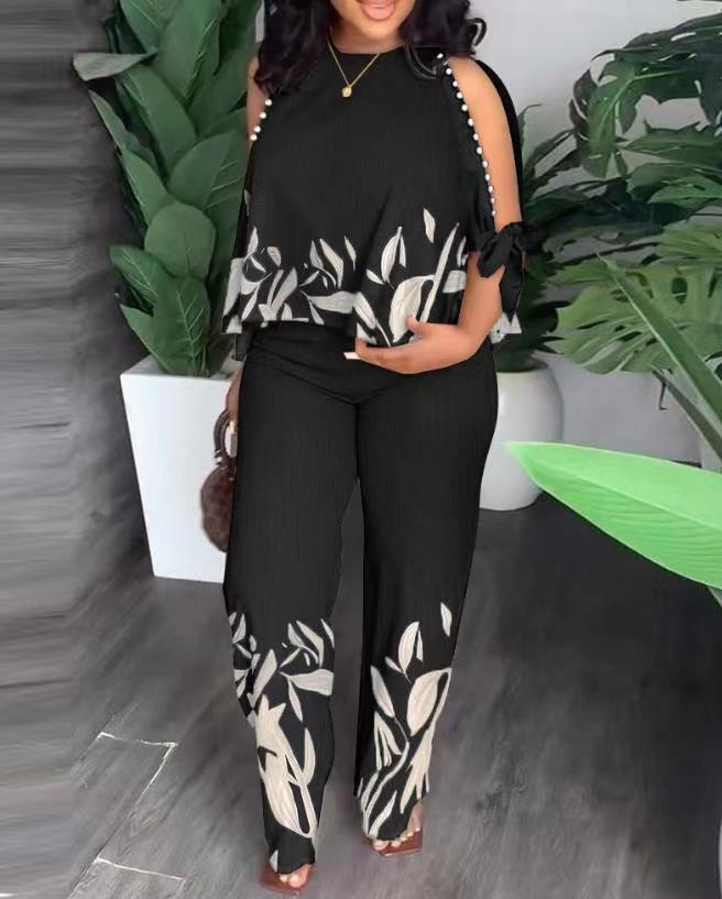 Chic Beaded Two-Piece Set – Casual Printed Streetwear Outfit