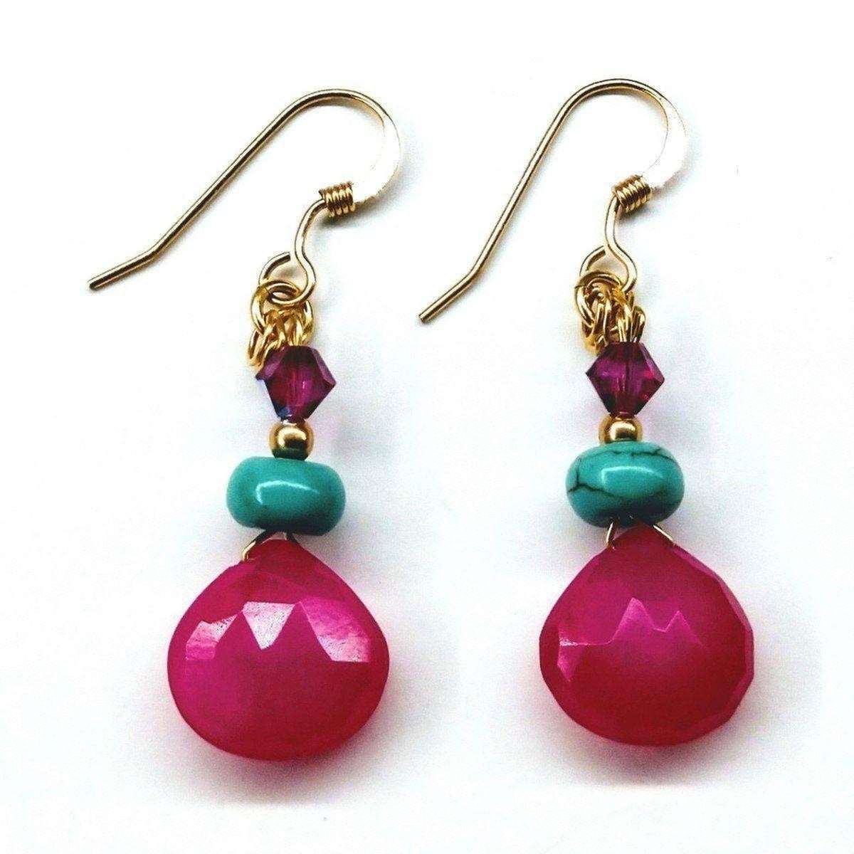 14 KT Gold Filled Wire Wrapped Pink And Turquoise Drop Gemstone