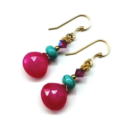 14 KT Gold Filled Wire Wrapped Pink And Turquoise Drop Gemstone