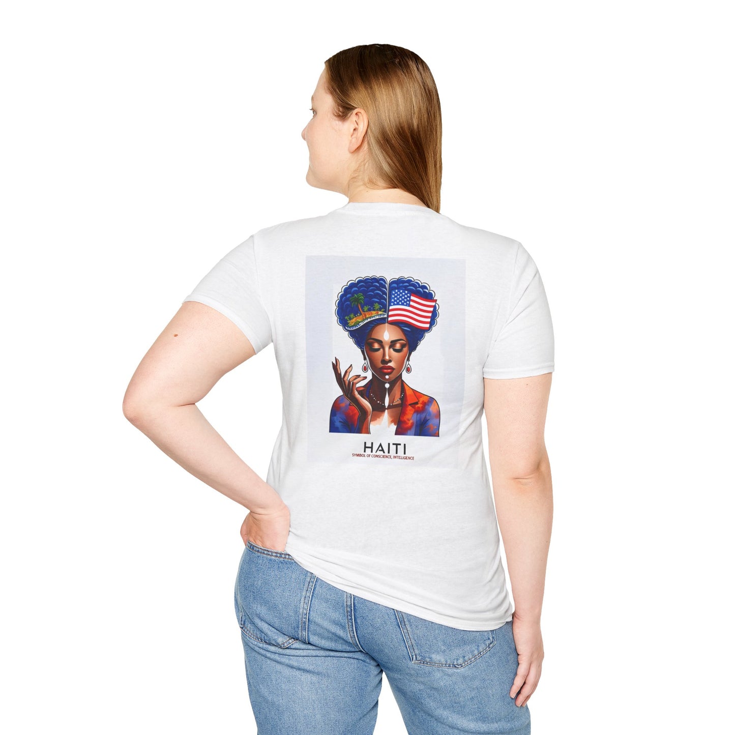 Haiti Pride Graphic T-Shirt — Afrocentric Portrait with Flag Hair