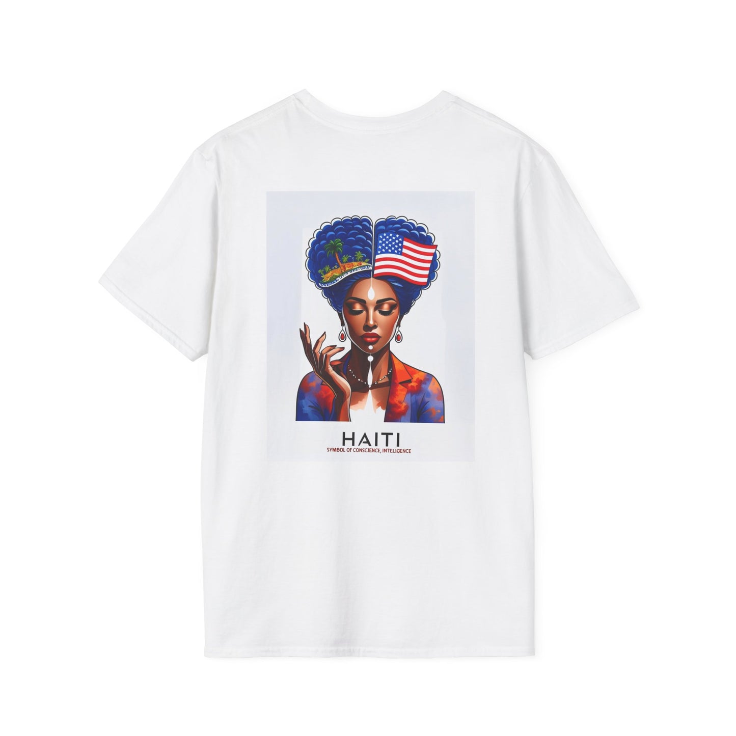 Haiti Pride Graphic T-Shirt — Afrocentric Portrait with Flag Hair