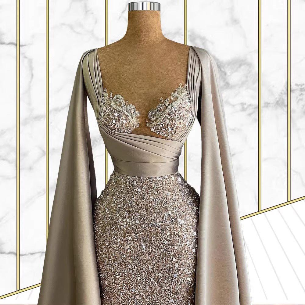 Celeste Luxe Silver Cape Evening Gown