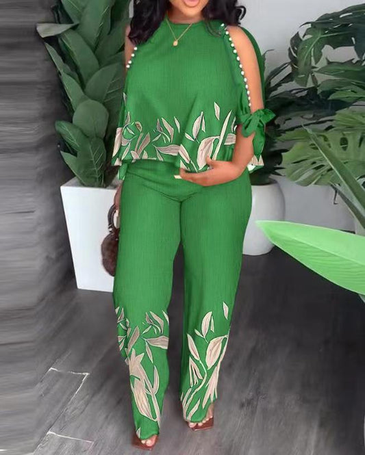 Chic Beaded Two-Piece Set – Casual Printed Streetwear Outfit
